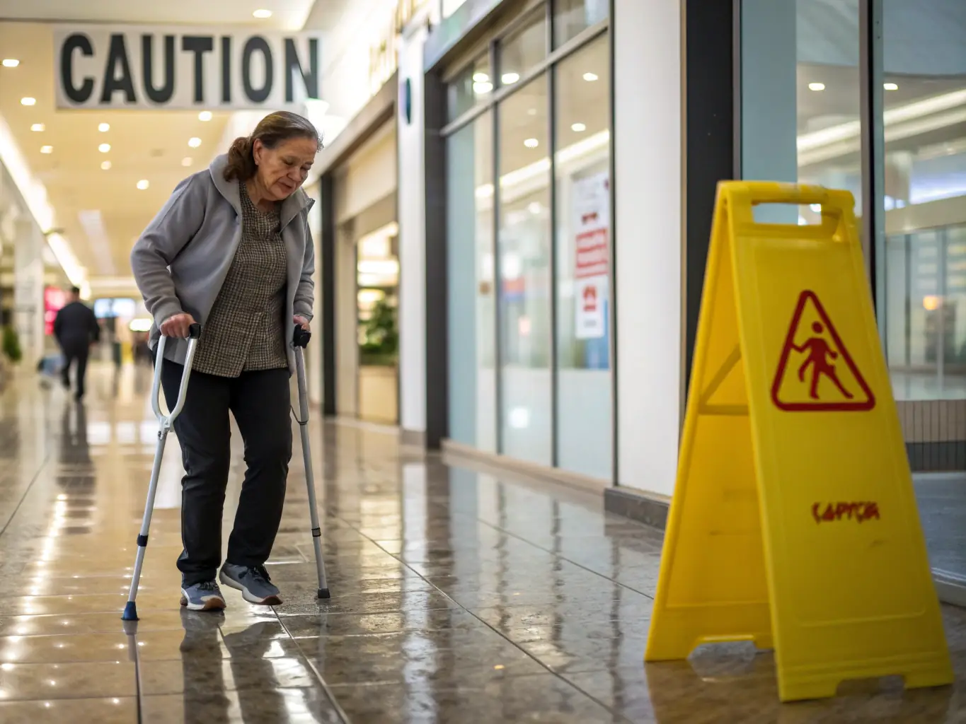 A person is shown carefully walking with crutches on a wet floor, indicating a slip and fall incident.